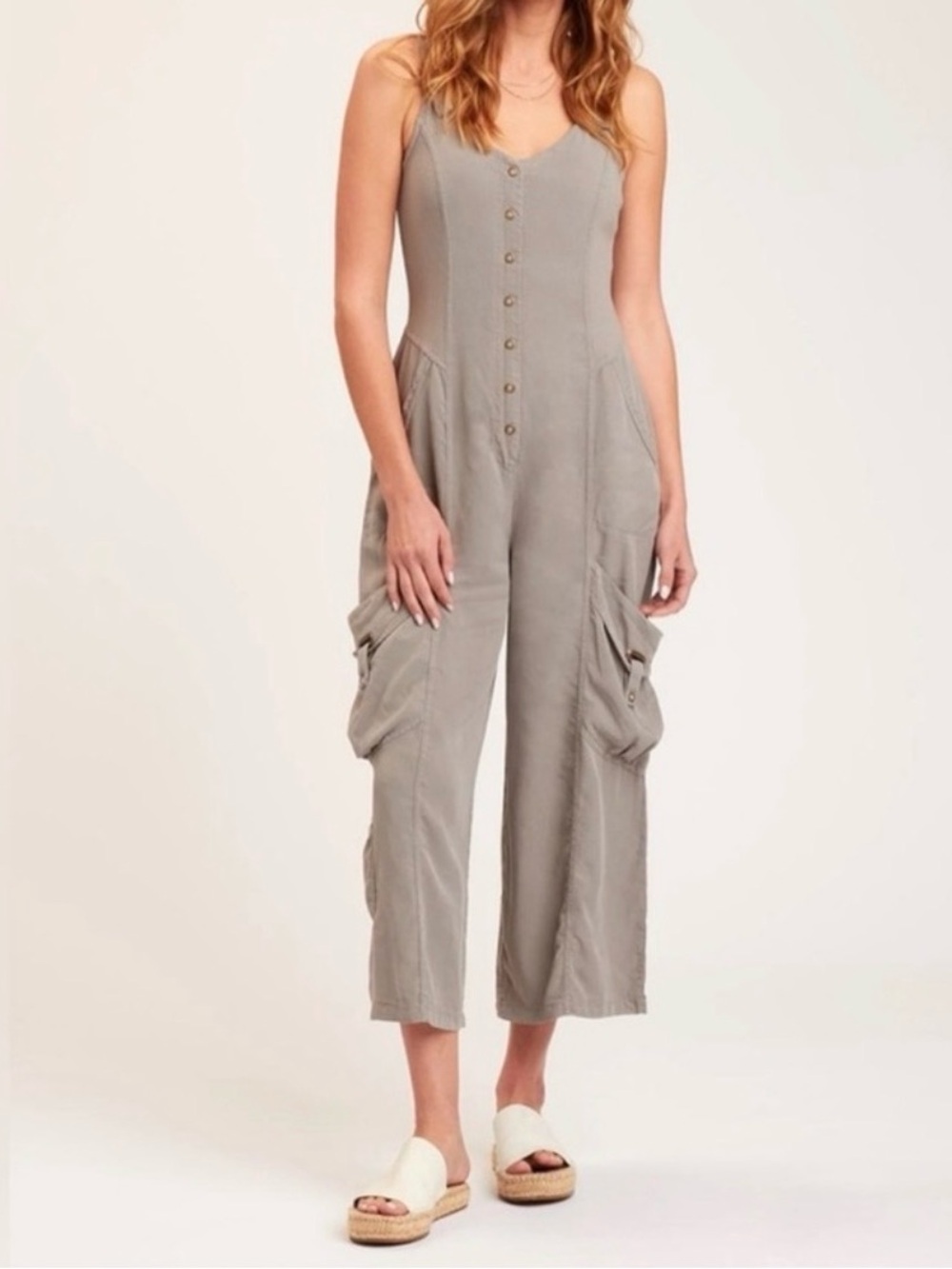 XCVI Graphite Gray Pembrooke Cargo Pocket Boho Tencel Soft Twill Pant Jumpsuit M